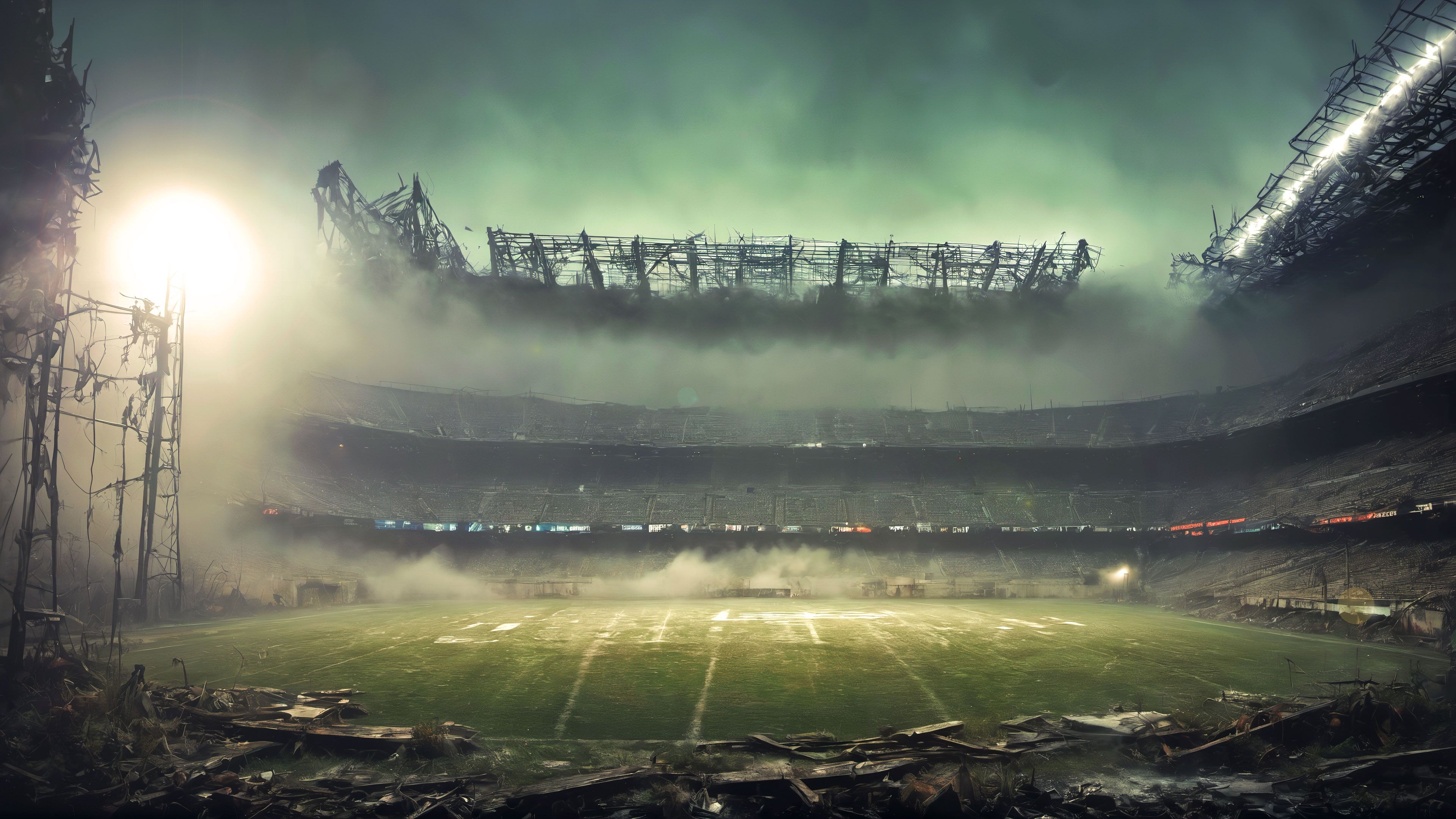post-apocalyptic, destroyed football field